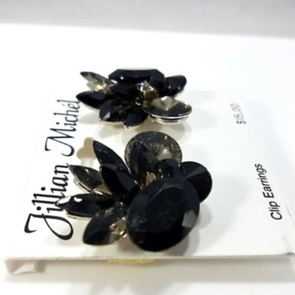 Vintage Black Silver Rhinestone Clip on Earrings, Old Stock, NWT, 1 1/2 Inches - Picture 2 of 3